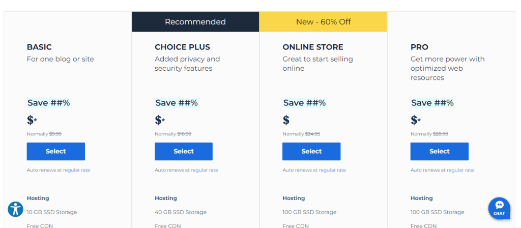 Bluehost- Pricing page