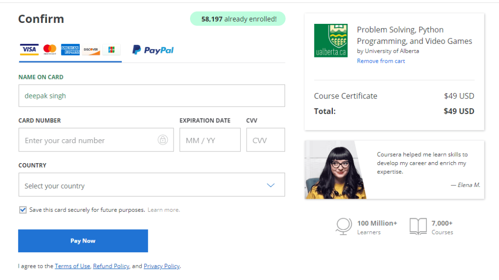 Coursera-Inter payment details
