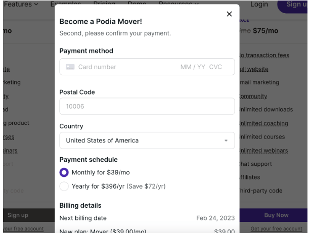 Podia- fill your payment detail
