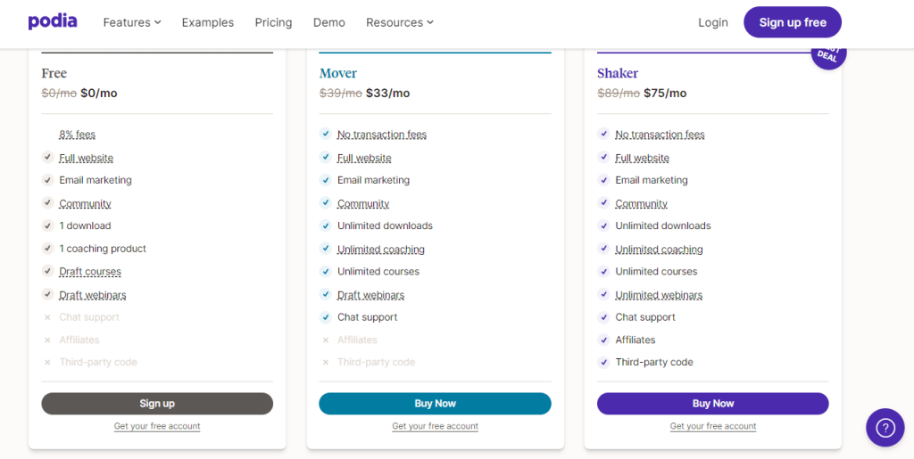 Podia pricing page 