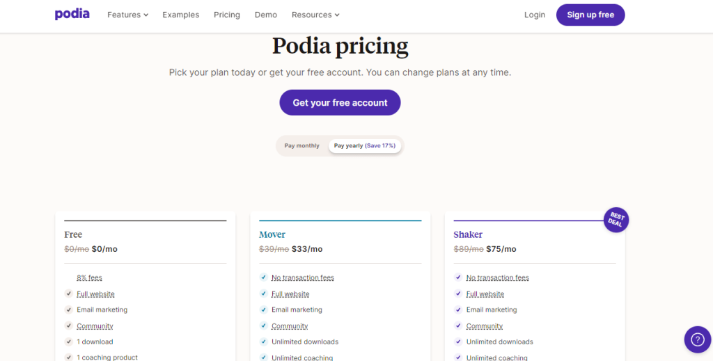 Podia- pricing plan