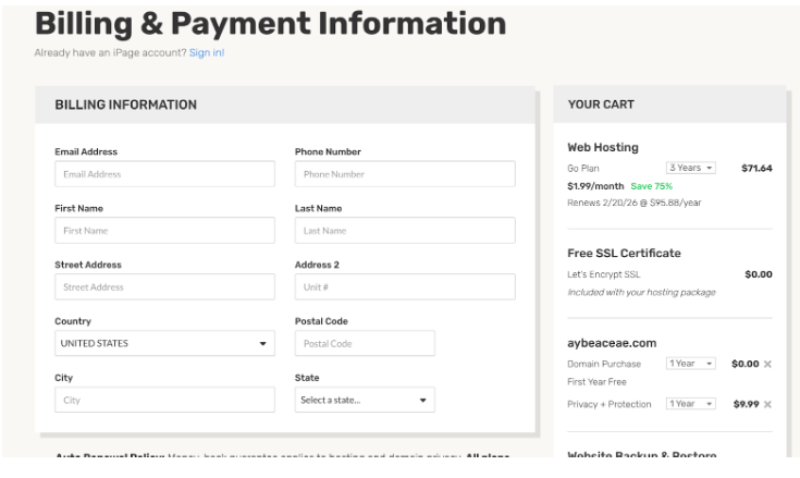 iPage- Inter your billing & payment details