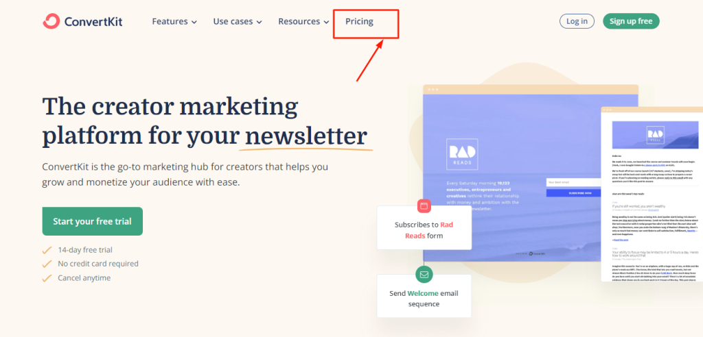 ConvertKit- Click on pricing options