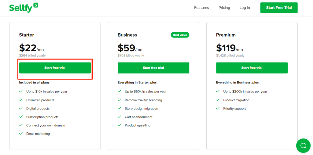 Sellfy- Click on start free trial 