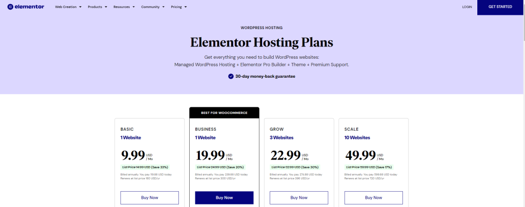 Elementor pricing page