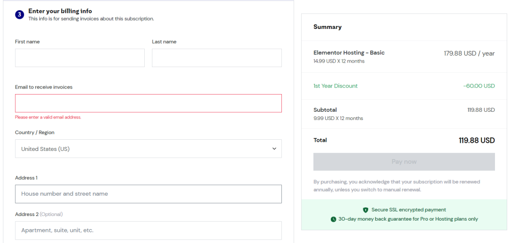 Elementor -fill up the billing information