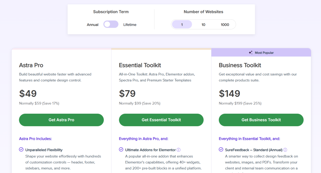 Astra Theme- Choose the pricing plan