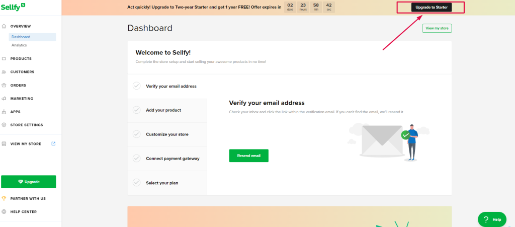Sellfy- Click on upgrade your starter