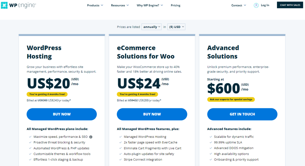 WP engine's- Pricing page