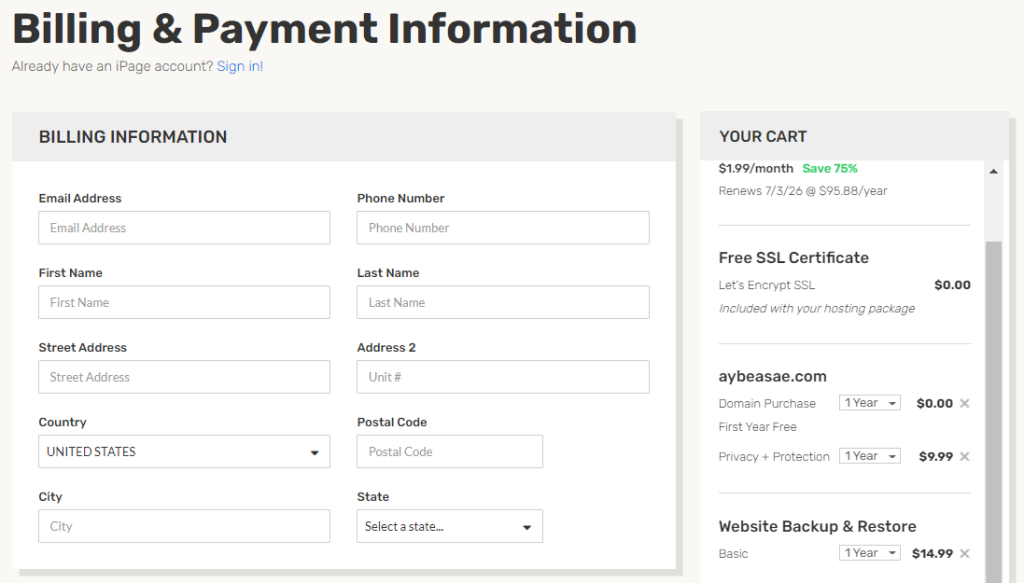 iPage- Enter your billing details