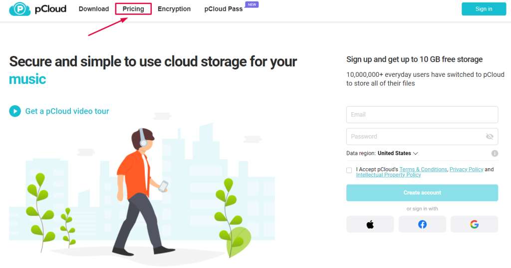 pCloud -click on pricing page